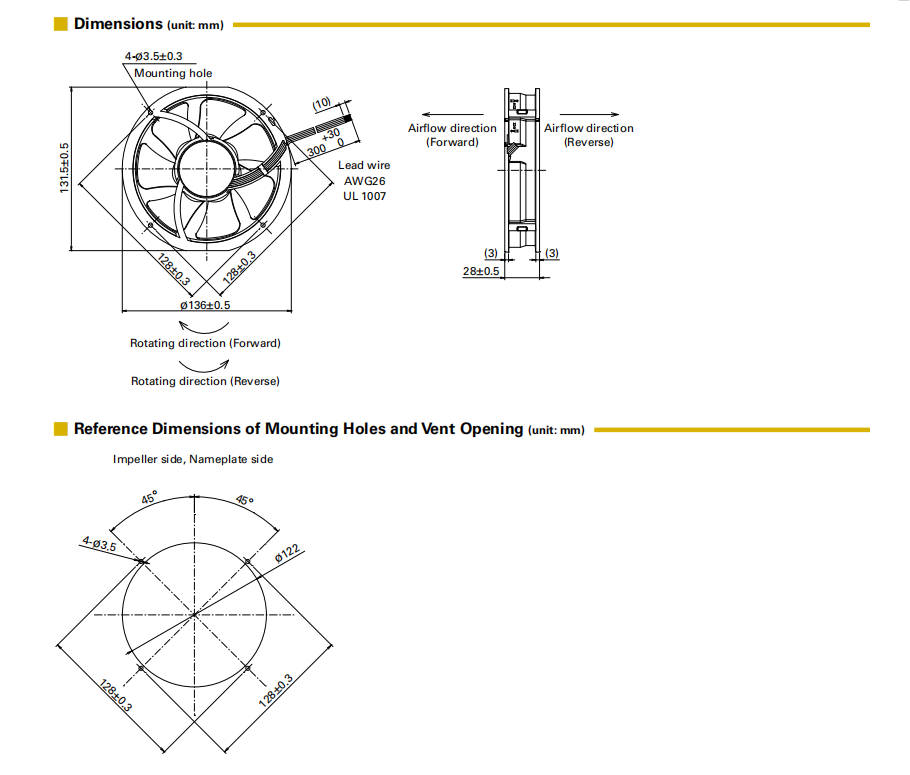 山洋直流風(fēng)扇 9RF1312P3H601 產(chǎn)品尺寸圖： 